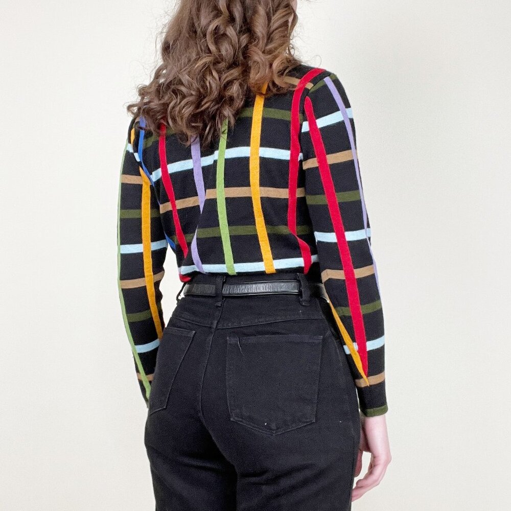 Vintage Plaid Knit Wool Crop Cardigan Sweater Preppy Colorful Rainbow Cropped - Picture 3 of 6
